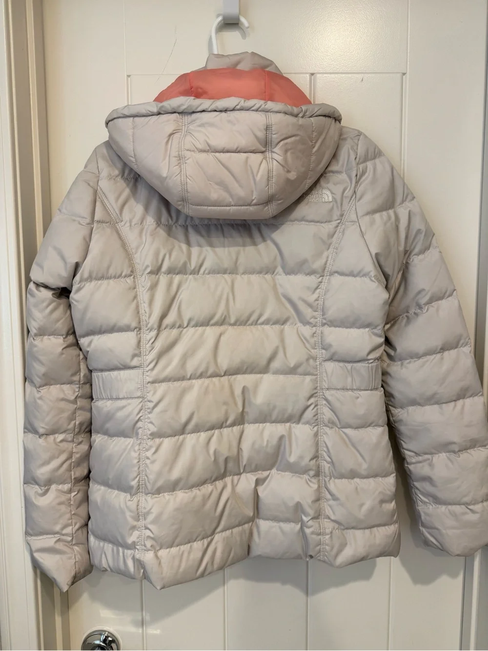 The North Face Light Gray Puffer Jacket with Pink Hood Lining